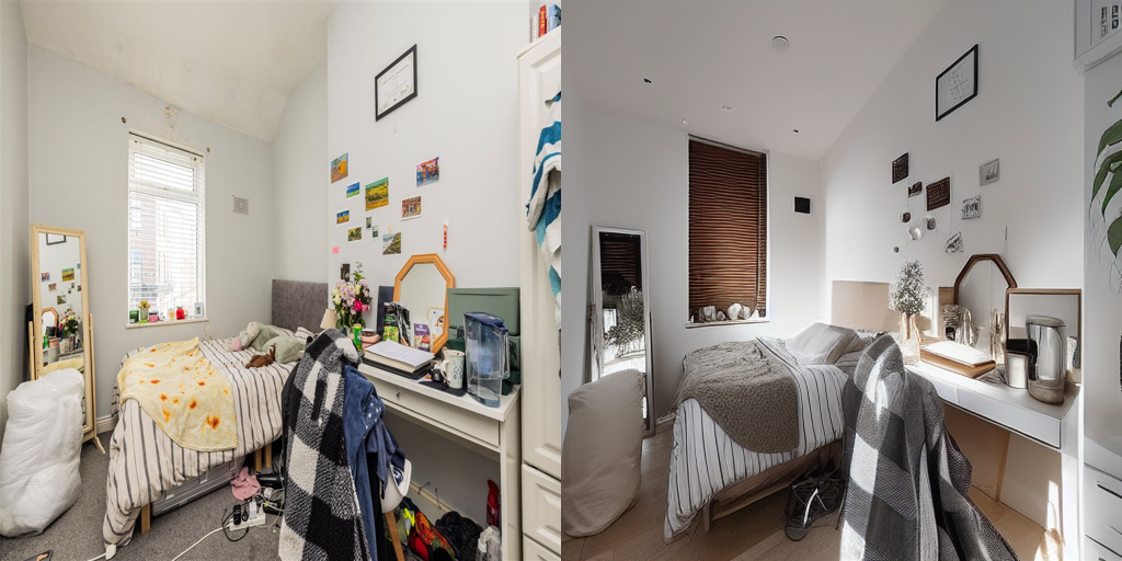 Side-by-side comparison of the original bedroom and the AI-generated redesign
