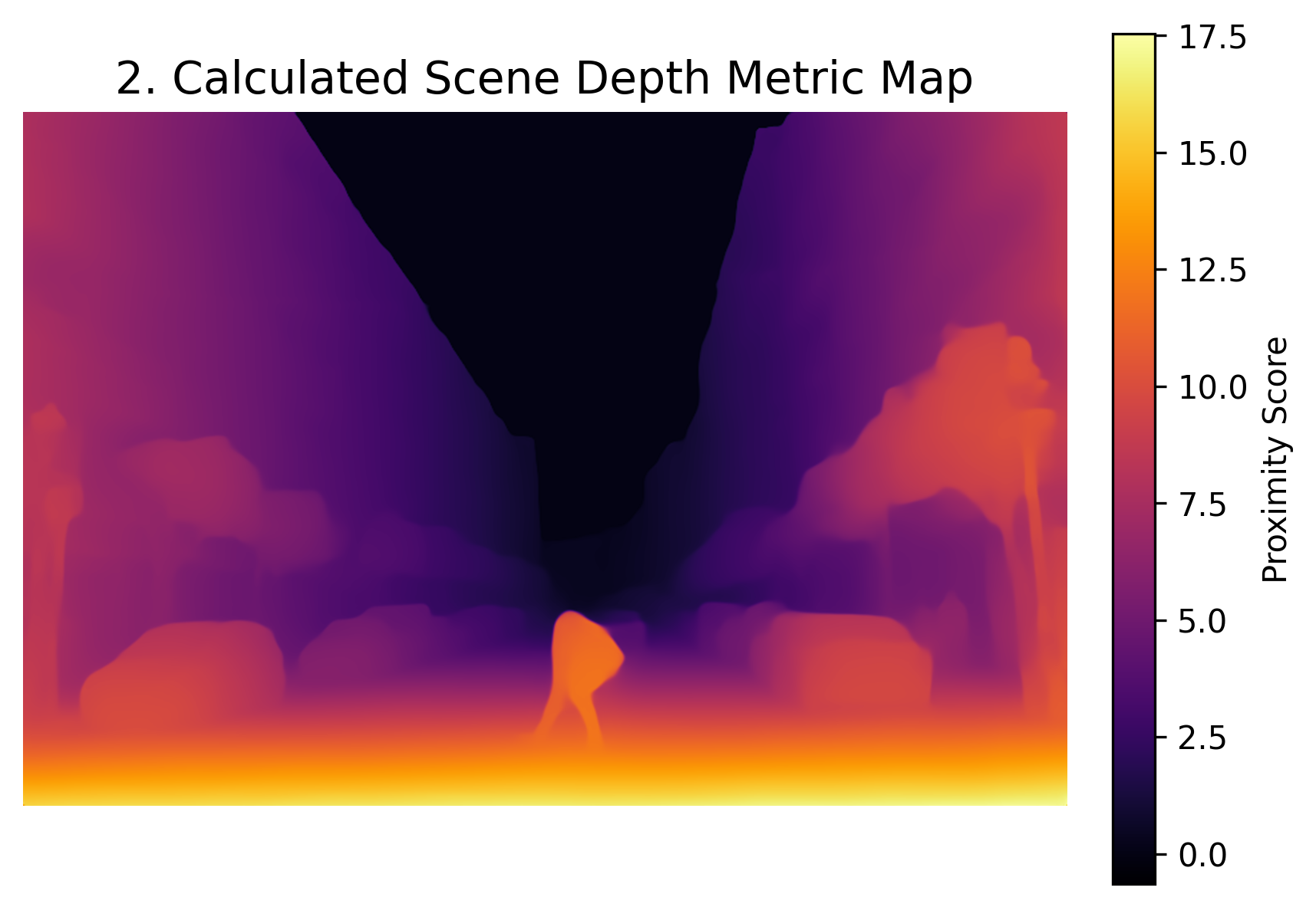 Relative depth map estimated from the street scene by Depth Anything